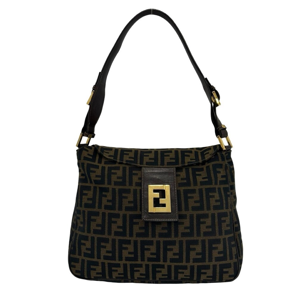 FENDI Vintage Zucca FF Pattern Canvas Leather Semi-One Shoulder Bag Tote Brow...